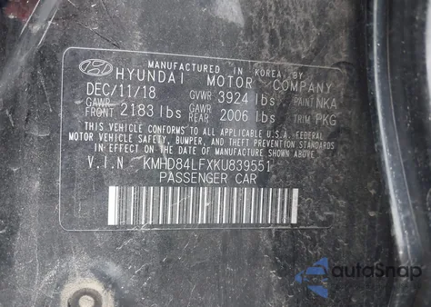 2019 Hyundai Elantra Value Edition from USA, damaged, VIN KMHD84LFXKU839551